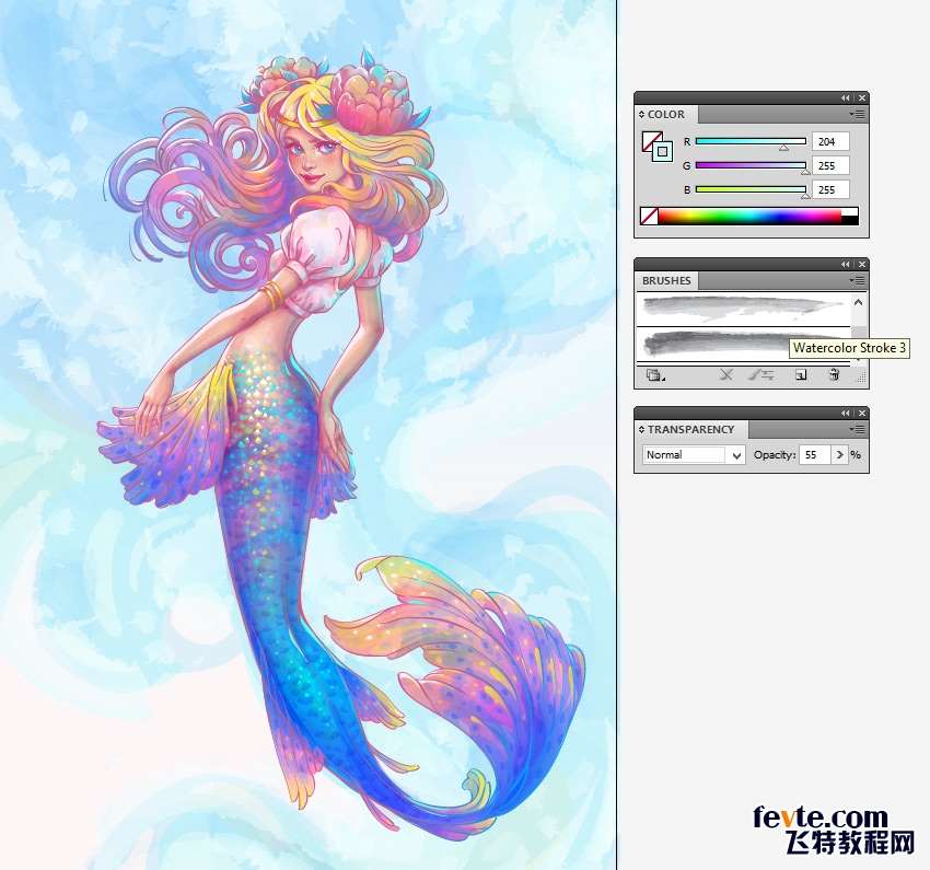 AI绘制水彩美人鱼插画 优图宝 AI实例教程
