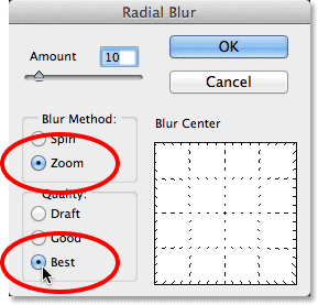 Setting the Blur Method and Quality options for the Radial Blur filter. Image © 2013 Photoshop Essentials.com