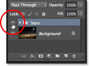 PS快速制作繁星 优图宝网 PS入门实例教程Clicking the layer group visibility icon in the Layers panel. Image ? 2013 Photoshop Essentials.com