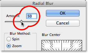 PS简单快速打造冲击力效果照片 优图宝网 PS入门实例教程Setting the Amount value for the Radial Blur filter in Photoshop. Image ? 2013 Photoshop Essentials.com
