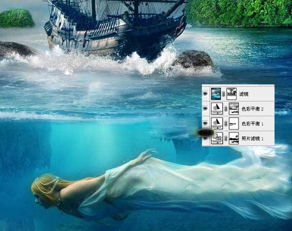 PS合成教程:古船下神秘动人的美人鱼