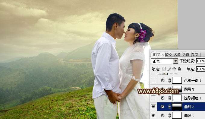 PS给山景婚片合成霞光 优图宝 PS图片合成教程