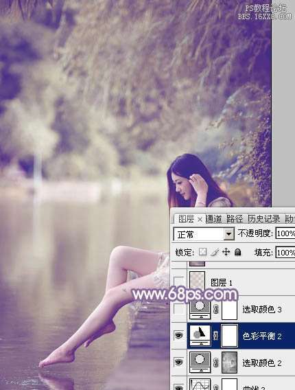 Photoshop给水塘边的美女加上漂亮的淡调黄紫色