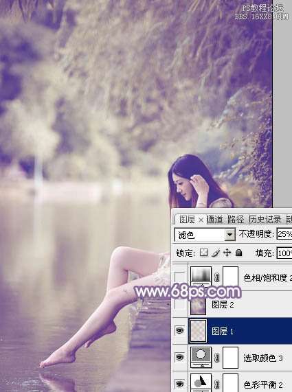 Photoshop给水塘边的美女加上漂亮的淡调黄紫色