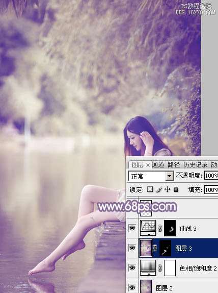 Photoshop给水塘边的美女加上漂亮的淡调黄紫色