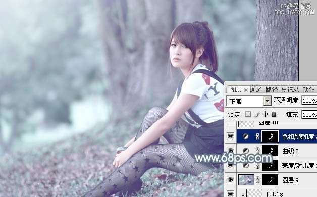 Photoshop给树林静坐的美女加上唯美的淡青色