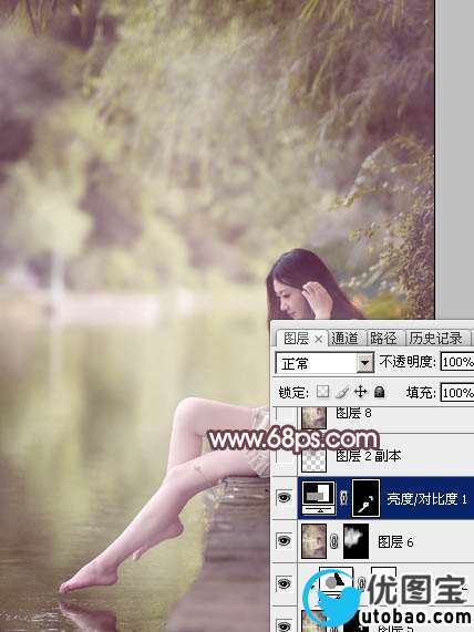 Photoshop给水池边的美女加上淡淡的粉褐色