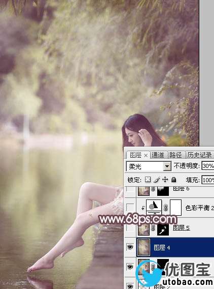 Photoshop给水池边的美女加上淡淡的粉褐色