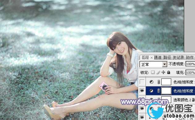 Photoshop给绿草中的美女加上梦幻的青色调