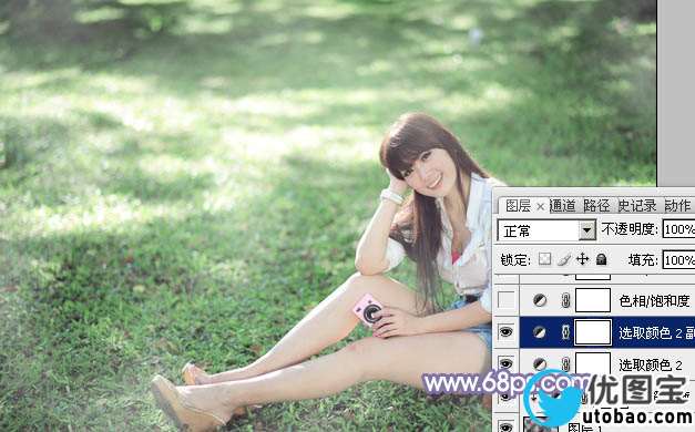 Photoshop给绿草中的美女加上梦幻的青色调