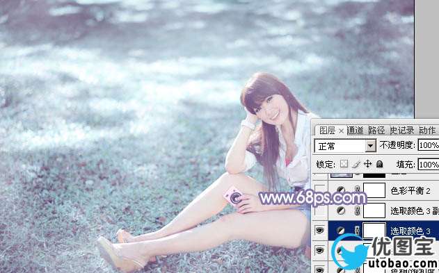 Photoshop给绿草中的美女加上梦幻的青色调