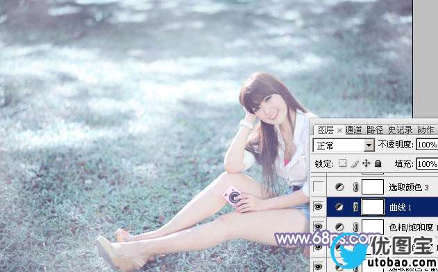 Photoshop给绿草中的美女加上梦幻的青色调