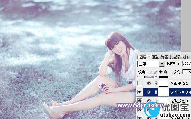 Photoshop给绿草中的美女加上梦幻的青色调