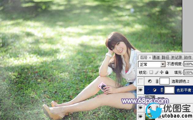 Photoshop给绿草中的美女加上梦幻的青色调