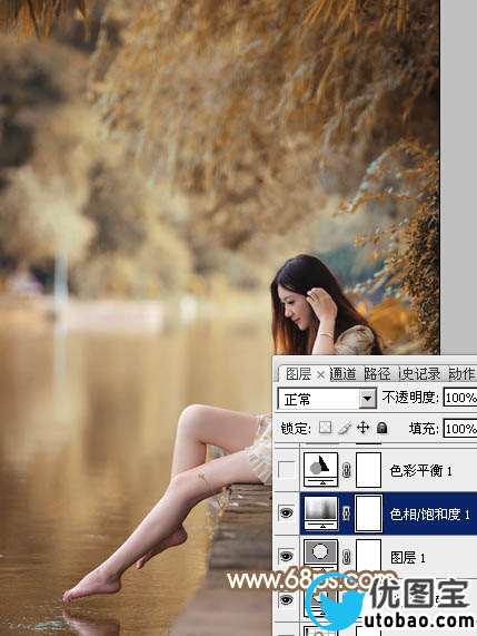 Photoshop打造柔和淡美的红褐色湖景美女图片