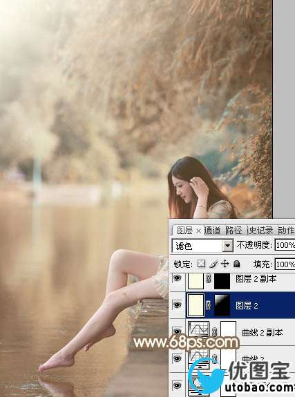 Photoshop打造柔和淡美的红褐色湖景美女图片