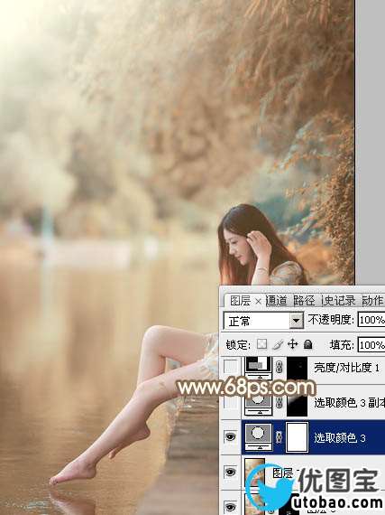 Photoshop打造柔和淡美的红褐色湖景美女图片