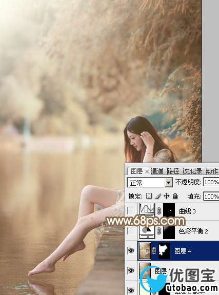 Photoshop打造柔和淡美的红褐色湖景美女图片