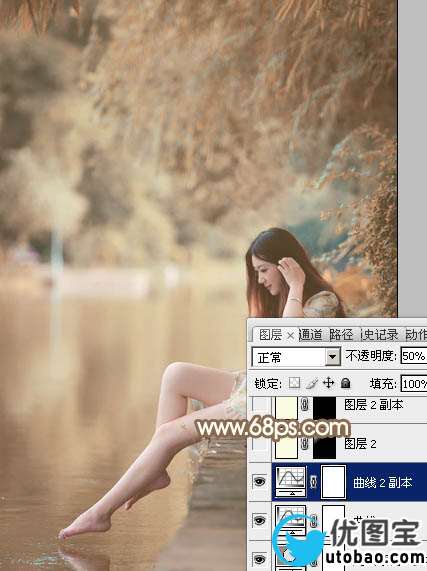 Photoshop打造柔和淡美的红褐色湖景美女图片