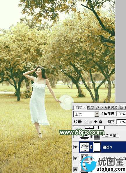 Photoshop调出黄绿色树景美女图片教程