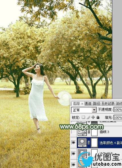 Photoshop调出黄绿色树景美女图片教程