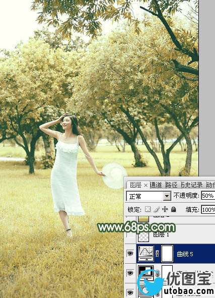 Photoshop调出黄绿色树景美女图片教程