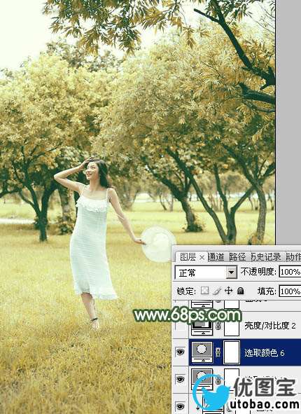 Photoshop调出黄绿色树景美女图片教程