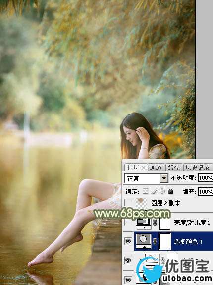 Photoshop打造非常柔美的黄青色湖景美女图片