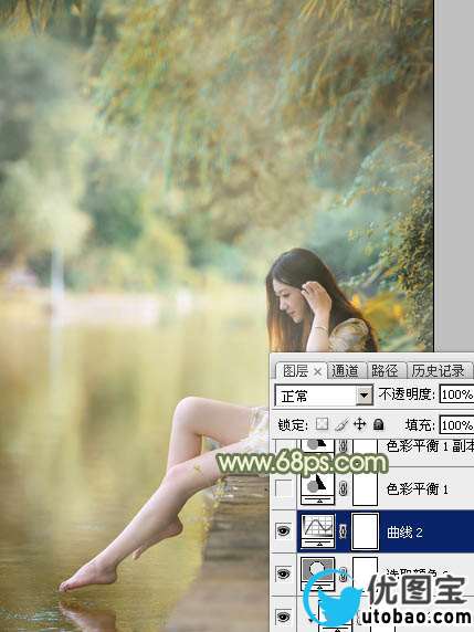 Photoshop打造非常柔美的黄青色湖景美女图片