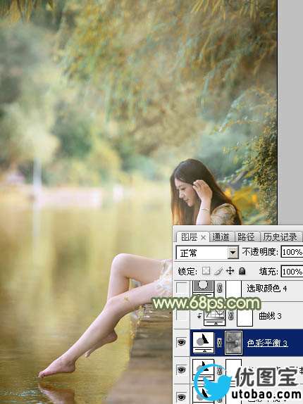 Photoshop打造非常柔美的黄青色湖景美女图片