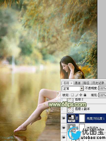 Photoshop打造非常柔美的黄青色湖景美女图片