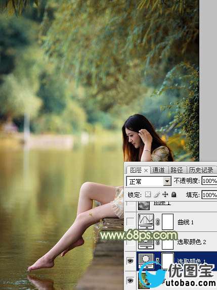 Photoshop打造非常柔美的黄青色湖景美女图片