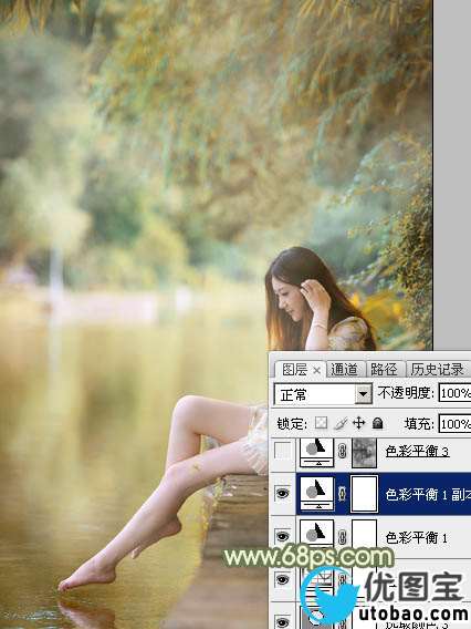 Photoshop打造非常柔美的黄青色湖景美女图片