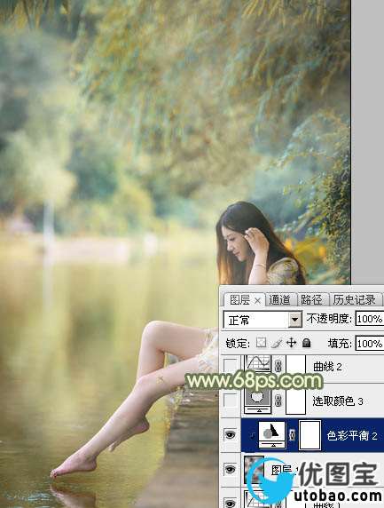 Photoshop打造非常柔美的黄青色湖景美女图片