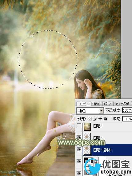 Photoshop打造非常柔美的黄青色湖景美女图片