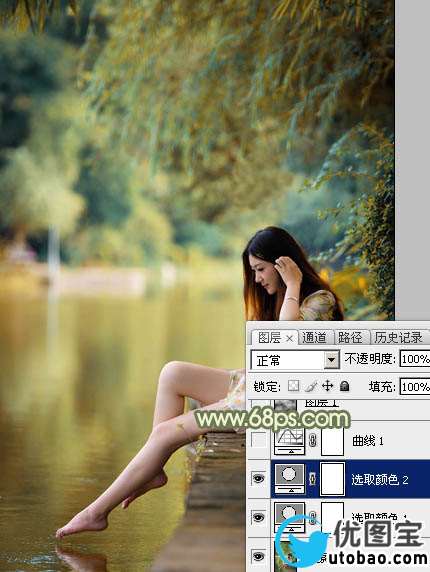 Photoshop打造非常柔美的黄青色湖景美女图片