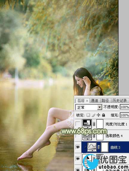 Photoshop打造非常柔美的黄青色湖景美女图片