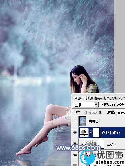 Photoshop打造梦幻的淡蓝色水景美女图片