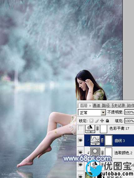 Photoshop打造梦幻的淡蓝色水景美女图片