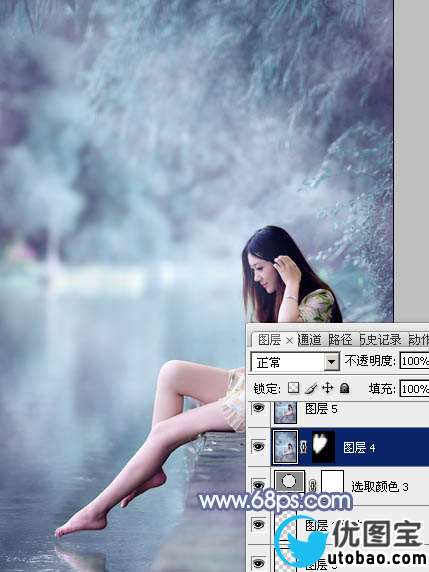 Photoshop打造梦幻的淡蓝色水景美女图片