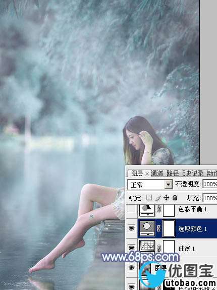 Photoshop打造梦幻的淡蓝色水景美女图片