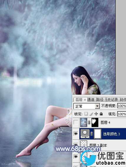 Photoshop打造梦幻的淡蓝色水景美女图片