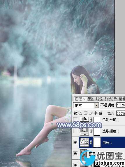 Photoshop打造梦幻的淡蓝色水景美女图片