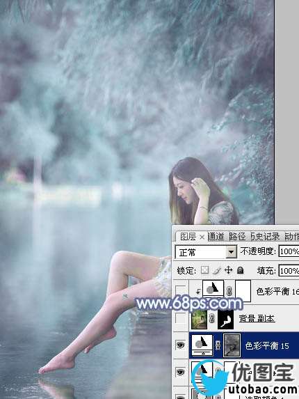 Photoshop打造梦幻的淡蓝色水景美女图片