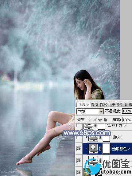 Photoshop打造梦幻的淡蓝色水景美女图片