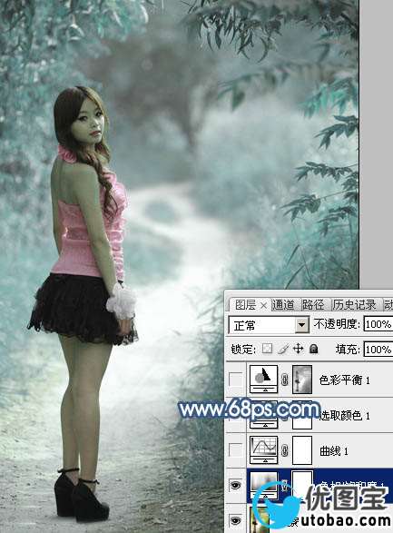 Photoshop打造梦幻的青蓝色春季树景美女图片