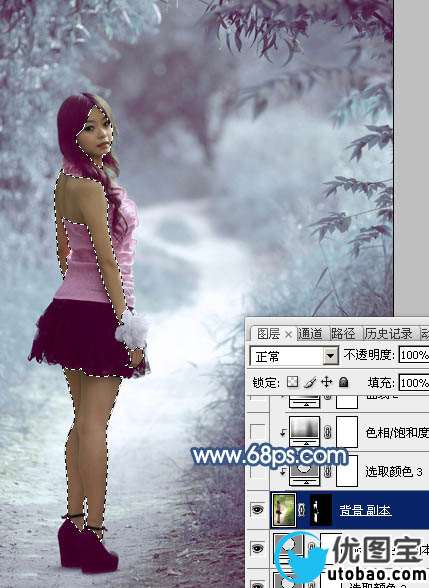 Photoshop打造梦幻的青蓝色春季树景美女图片