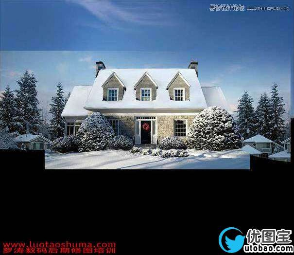 Photoshop冬季雪景中的别墅冷色效果