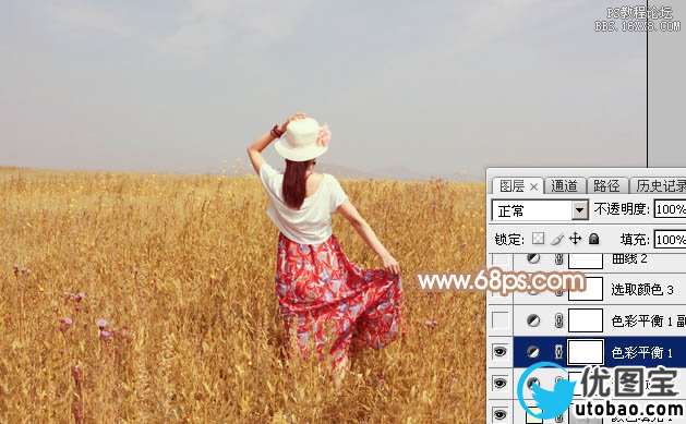 Photoshop给草原上的美女加上清爽的红褐色
