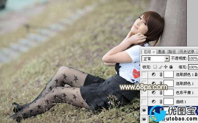 Photoshop给春季外景美女加上柔和的中性黄绿色